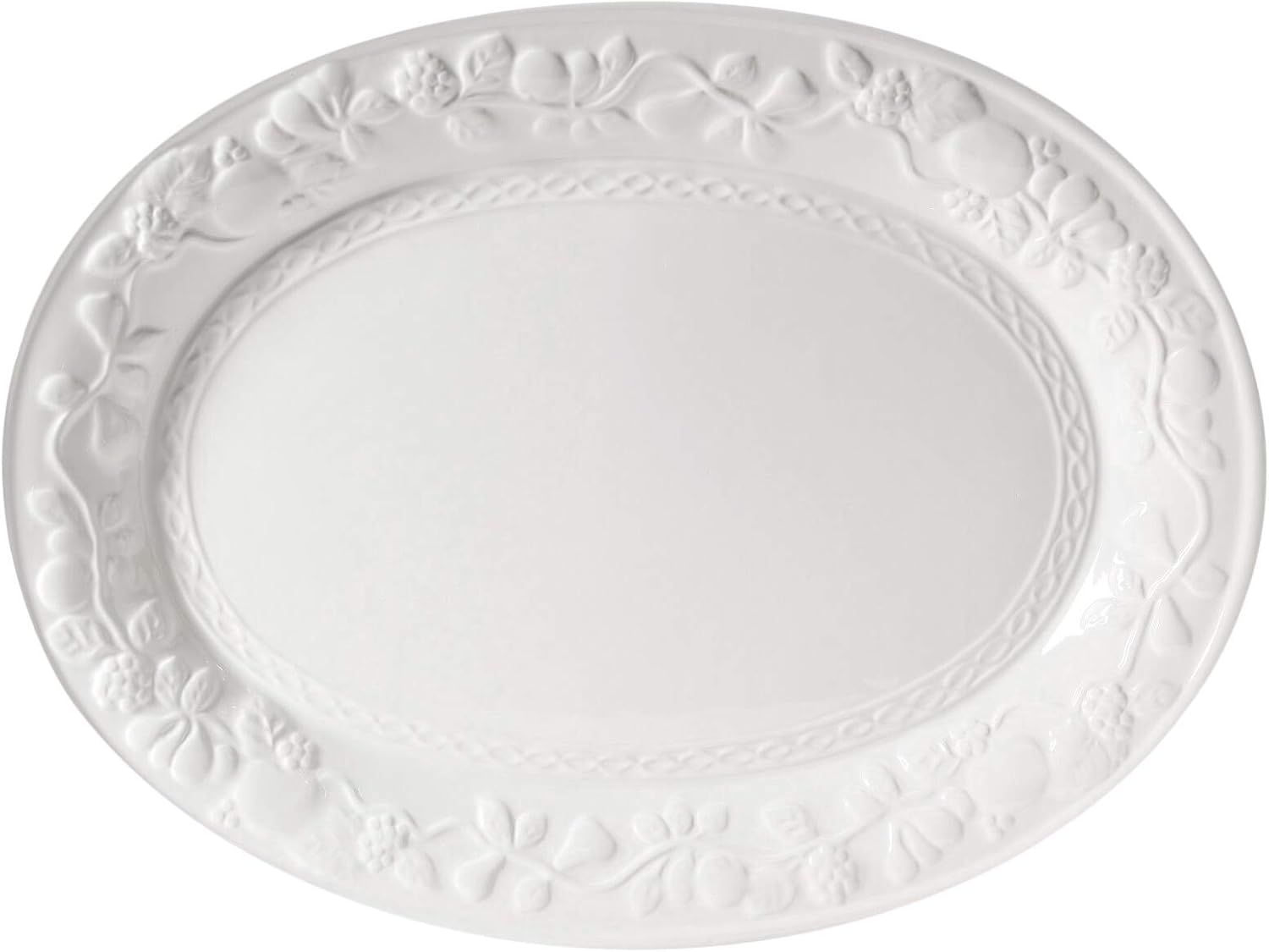 White Ceramic Oval Serving Platter with Embossed Border