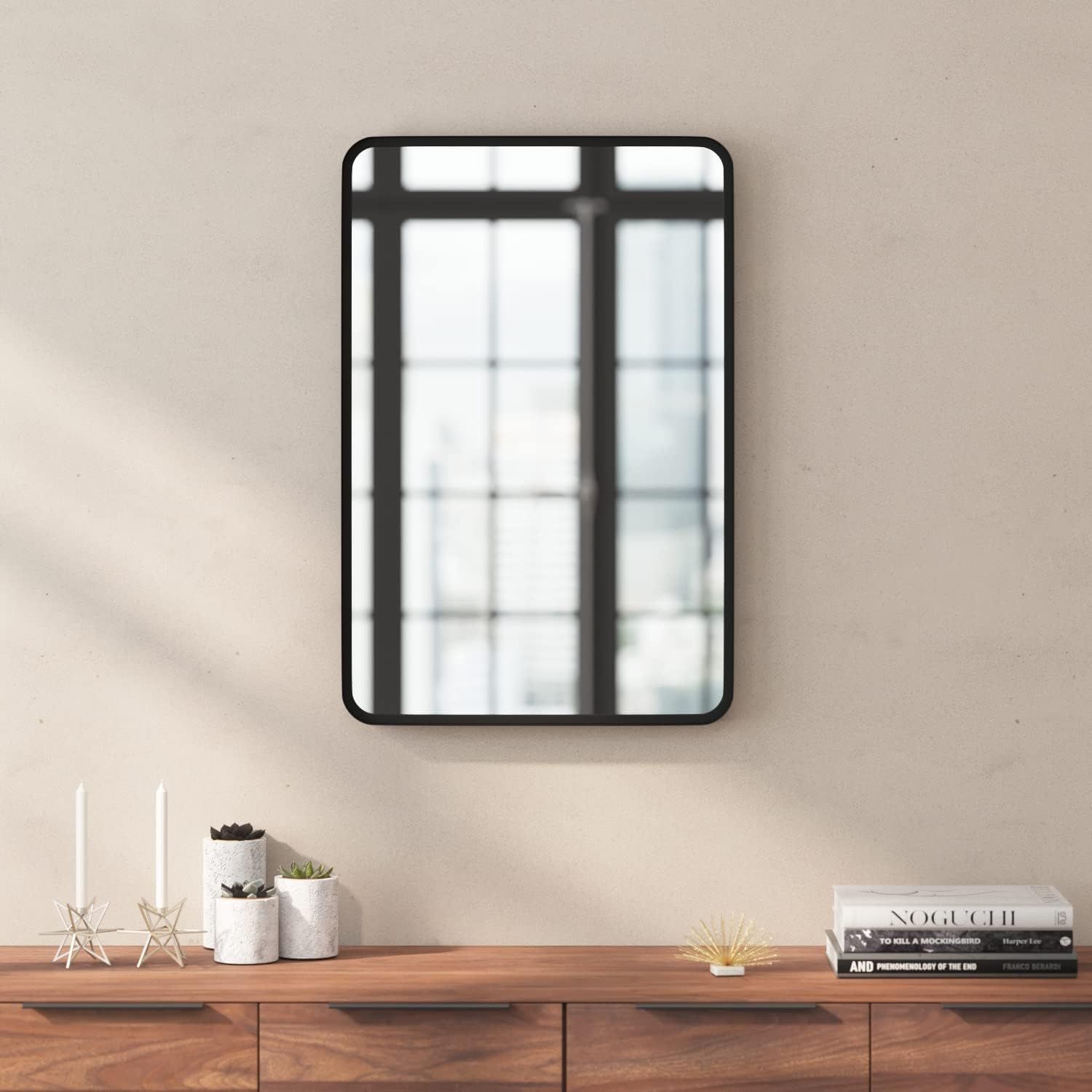 Matte Black Rectangular Wall Mirror with Rounded Corners