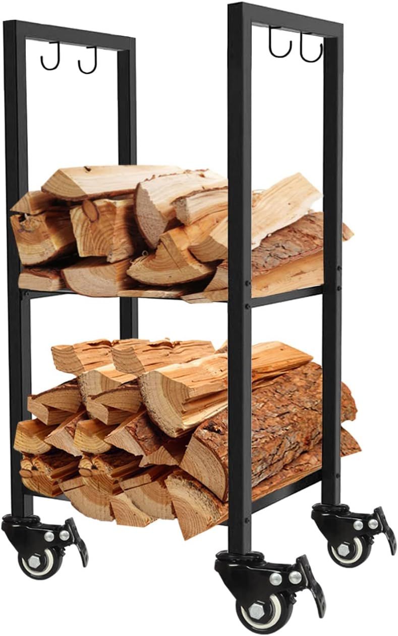 Black Iron 2-Tier Firewood Storage Rack with Wheels