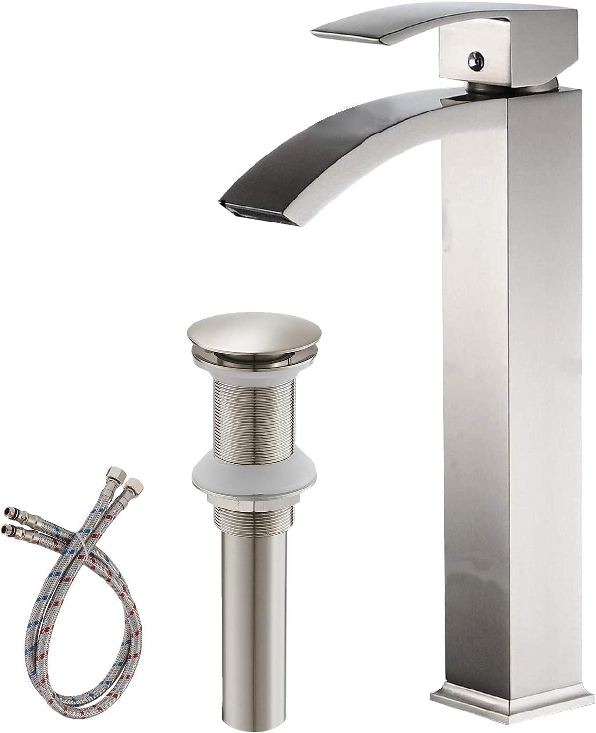 Brushed Nickel Tall Waterfall Bathroom Sink Faucet with Pop Up Drain