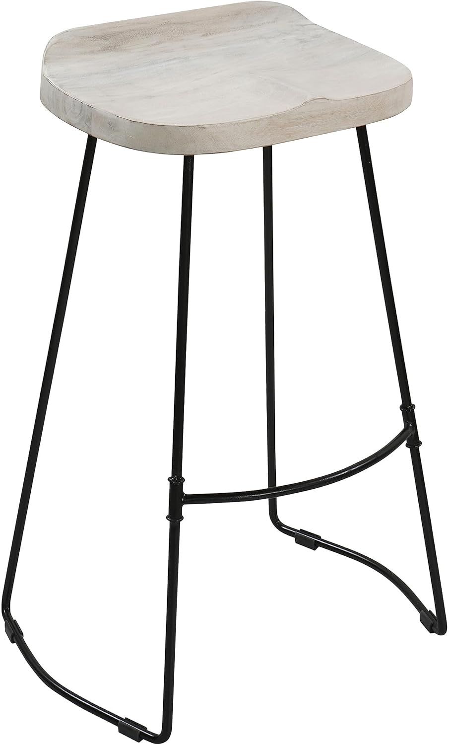 30-Inch Whitewashed Mango Wood Saddle Seat Backless Barstool with Black Metal Base