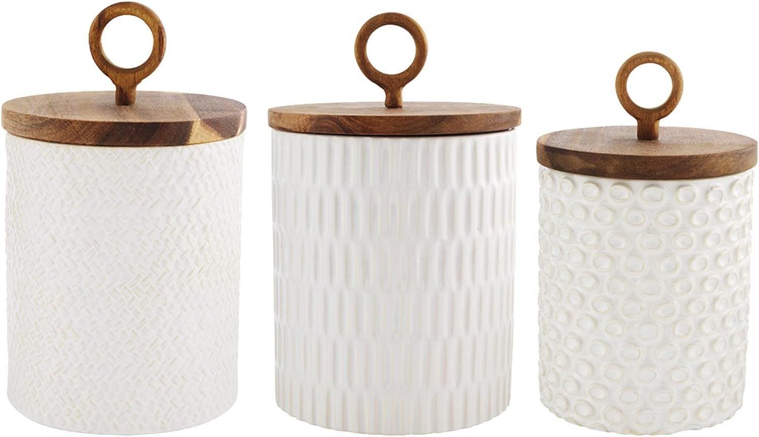 White Ceramic Textured Canister Set with Wooden Lids