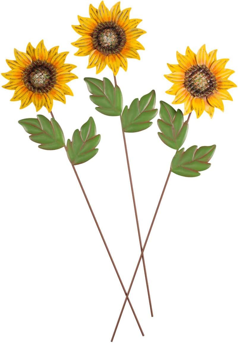 Set of 3 Yellow Metal Sunflower Garden Stakes