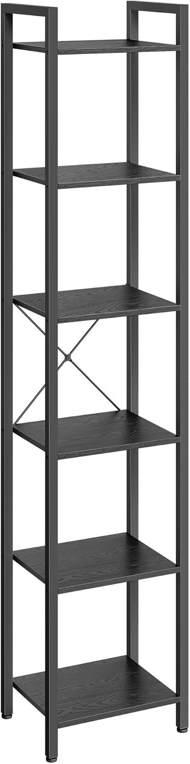 Ebony Black 6-Tier Industrial Tall Bookshelf with Steel Frame