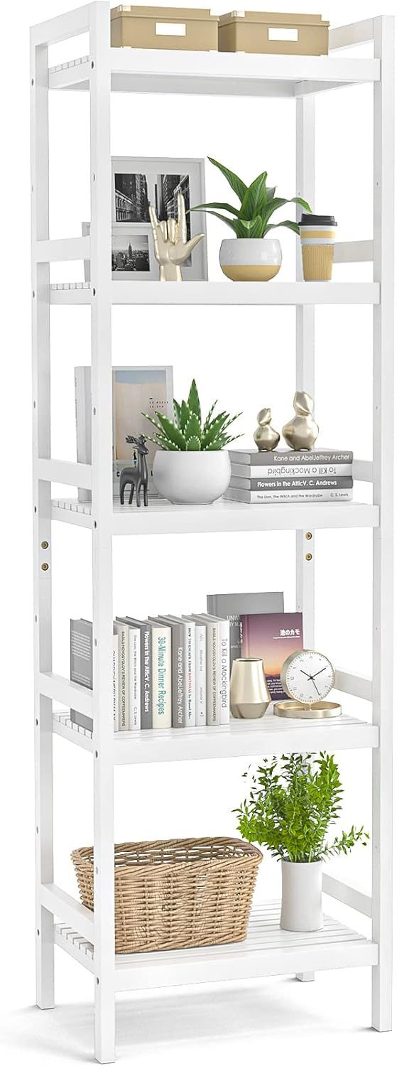 White Bamboo 5-Tier Adjustable Freestanding Bookshelf