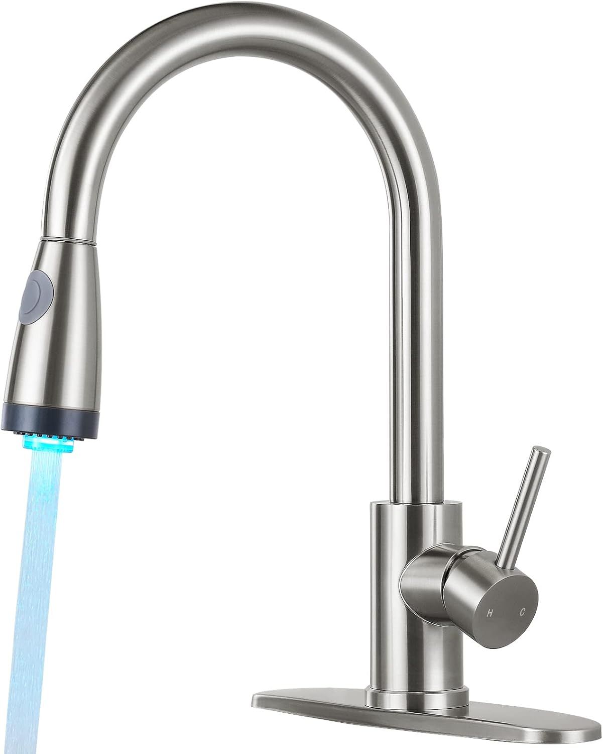 Brushed Nickel High-Arc Kitchen Faucet with LED Pull-Out Spray