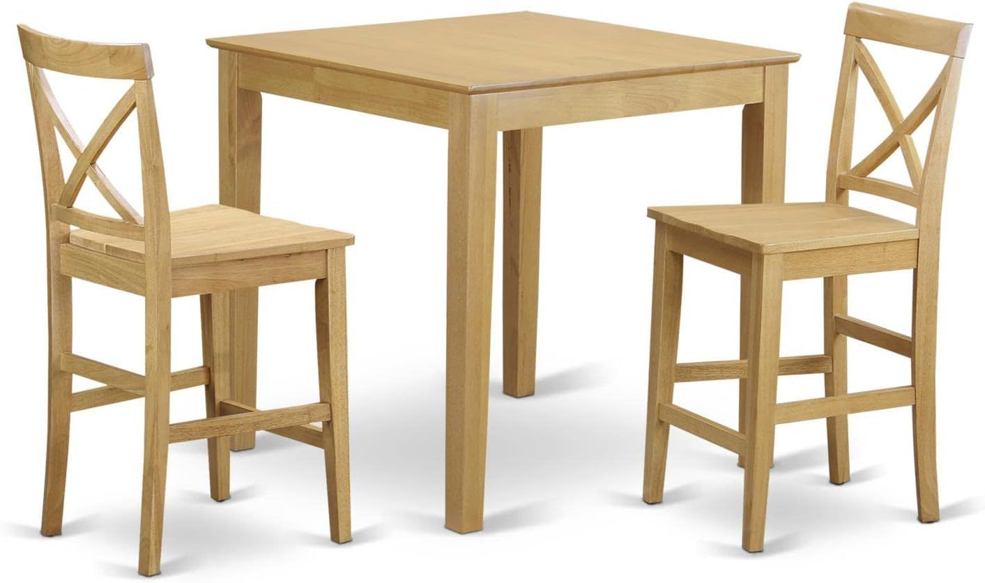 Oak Finish Square Pub Table with 2 Wooden Chairs