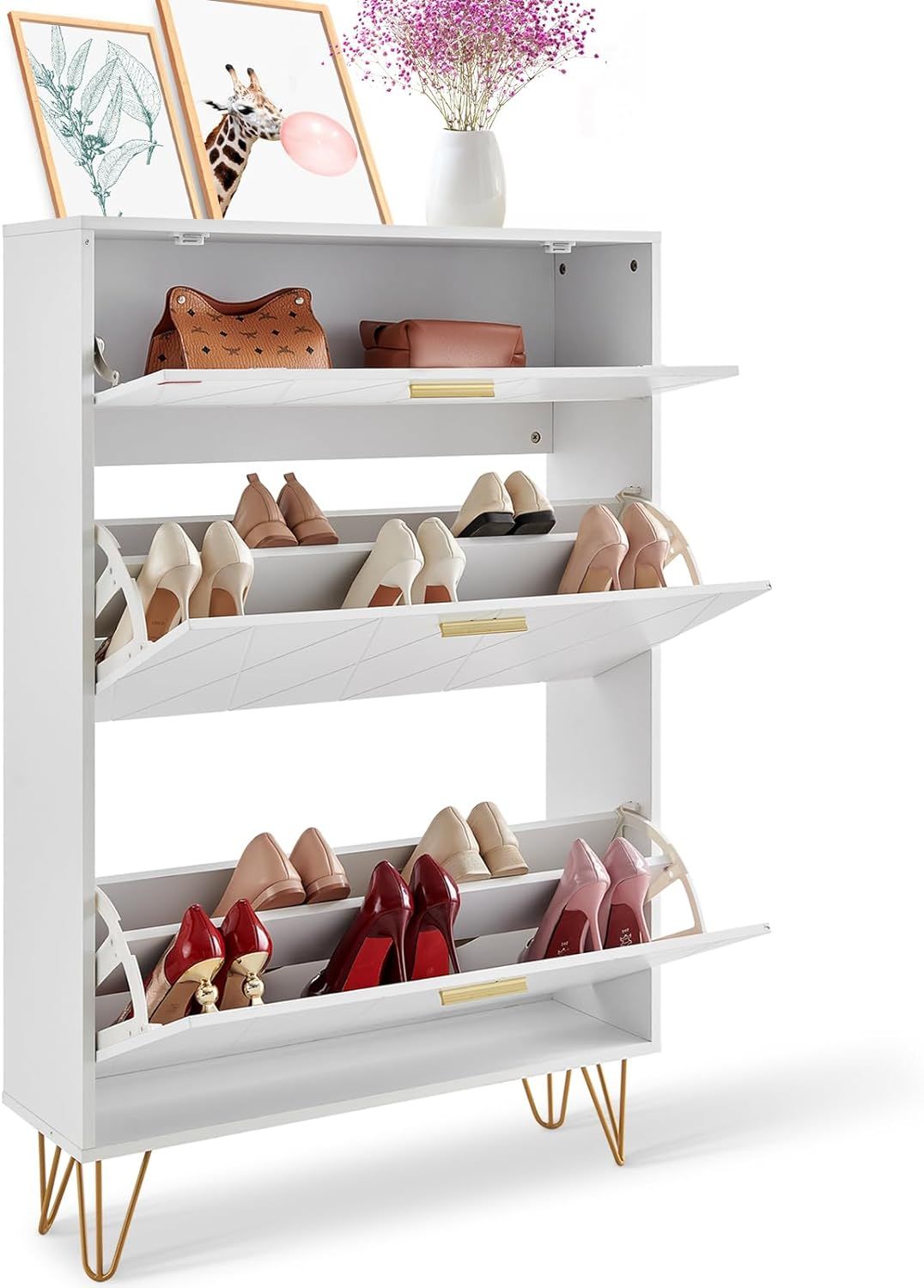 White Wood and Metal 3-Drawer Shoe Storage Cabinet