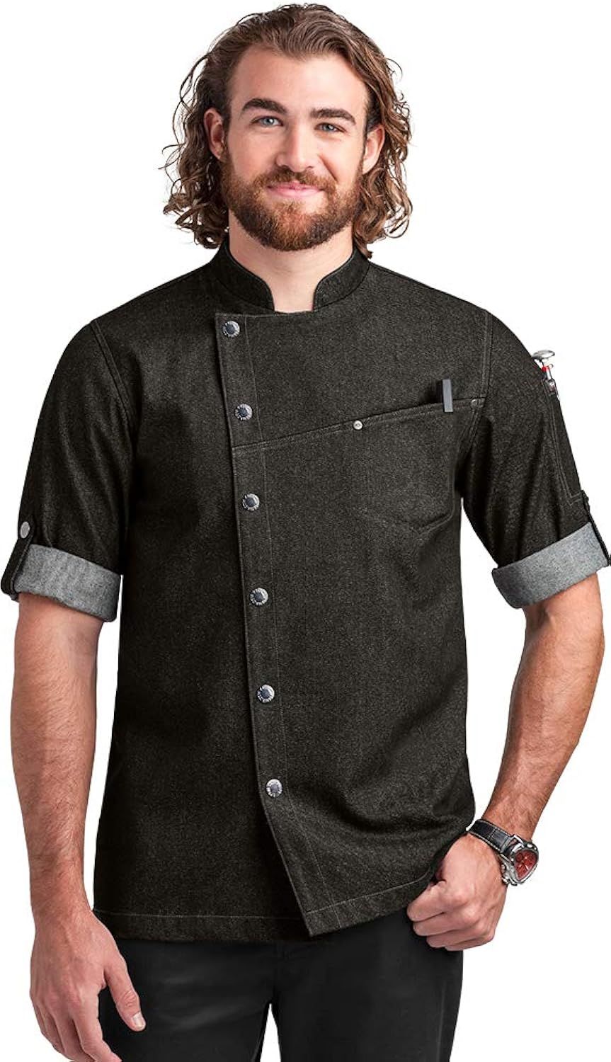 Men's Black Denim Asymmetrical Snap Chef Coat