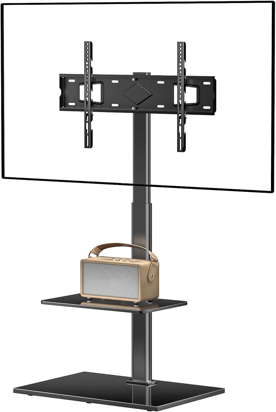 Black Adjustable Floor TV Stand with Tempered Glass Base and Shelf