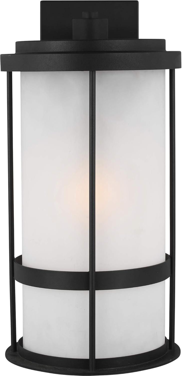 Black and Bronze Cylinder Outdoor Wall Lantern with Satin Etched Glass