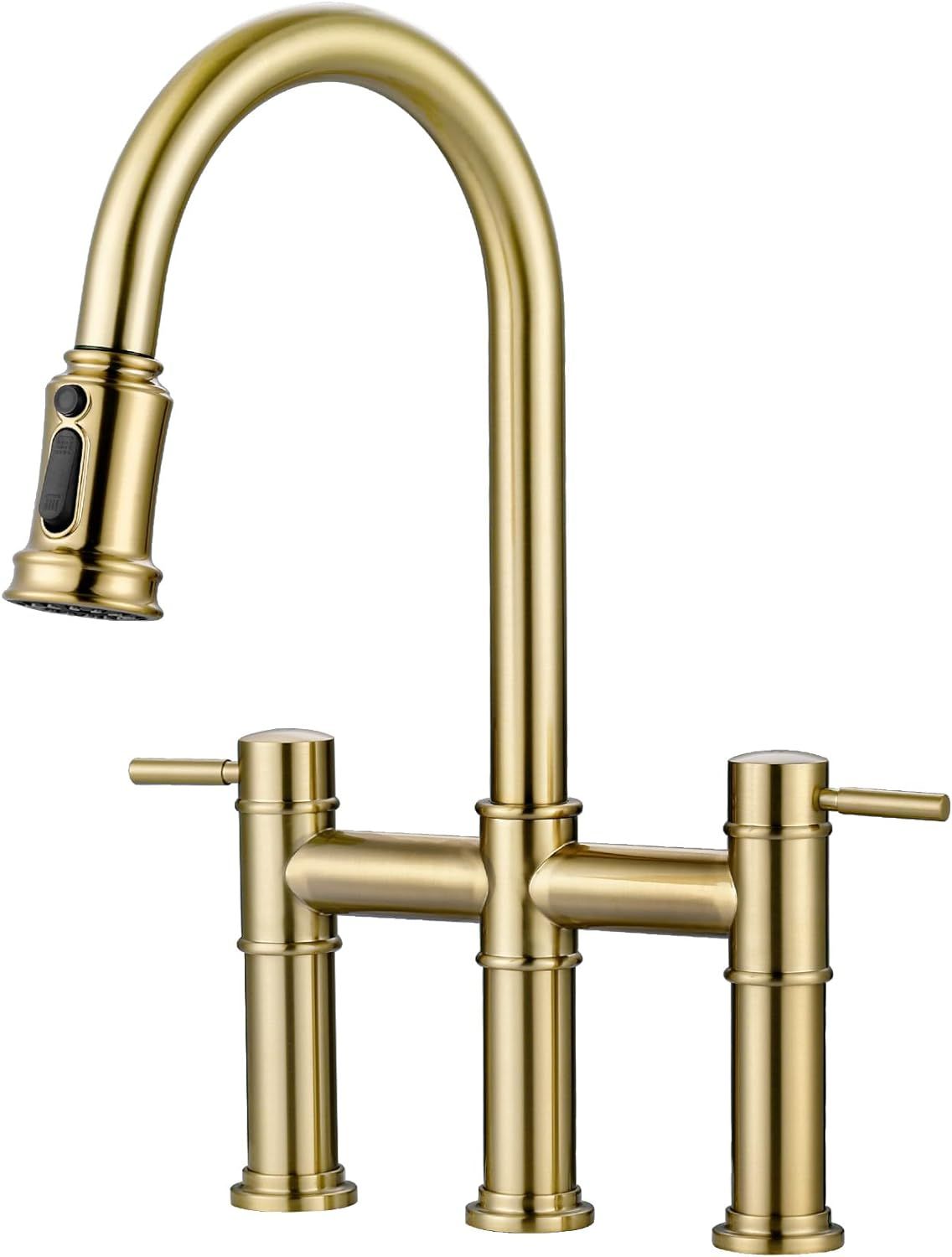 Gold Double Handle Bridge Kitchen Faucet with Pull Down Sprayer