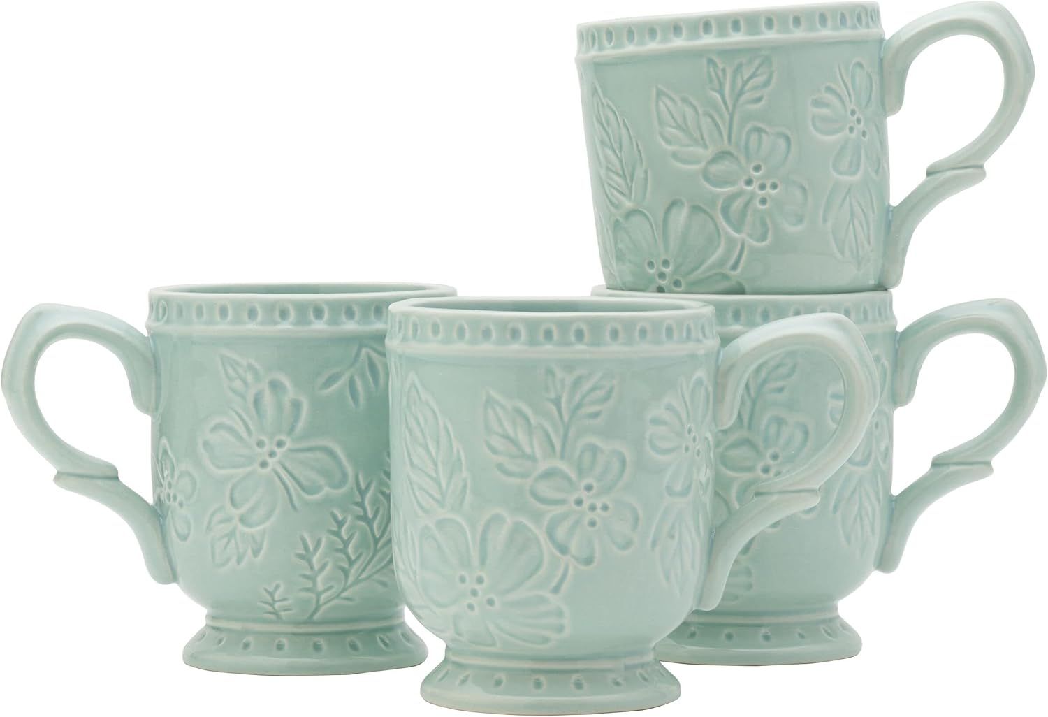 Blue Ceramic Floral Etched 12 Oz Mug Set of Four