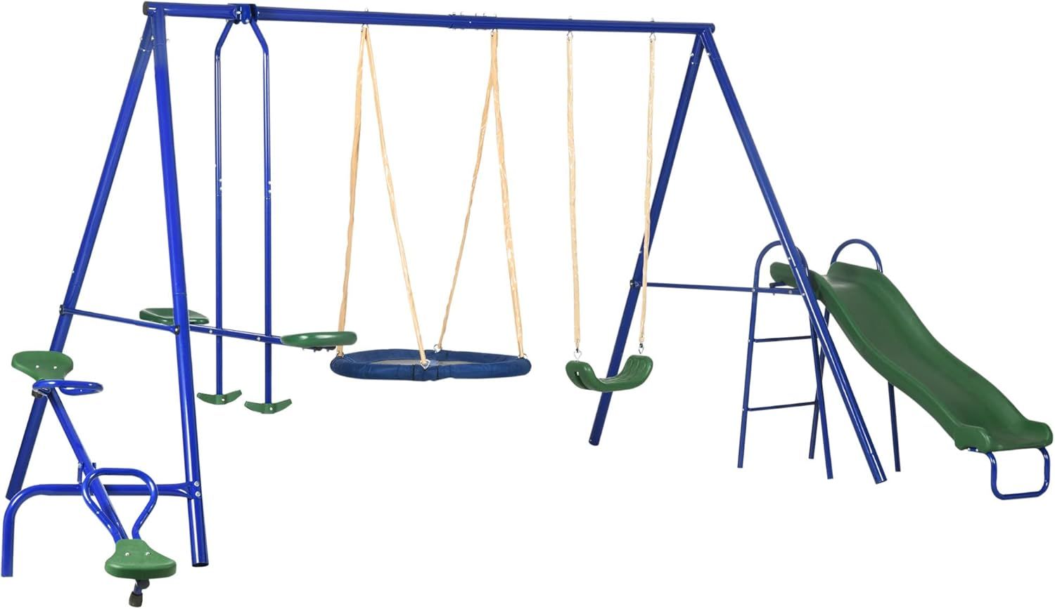 Blue and Green Steel Outdoor Playset with Slide and Swings