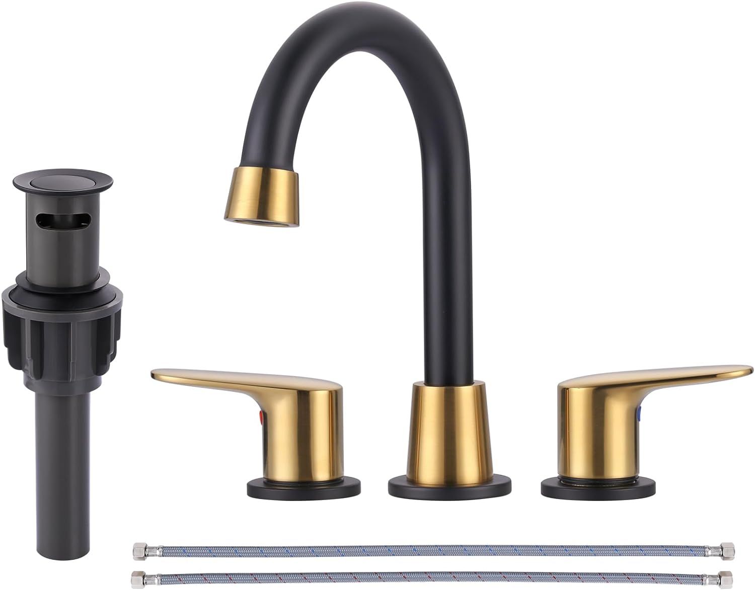 Matte Black and Gold Widespread Bathroom Faucet with High Arc Spout