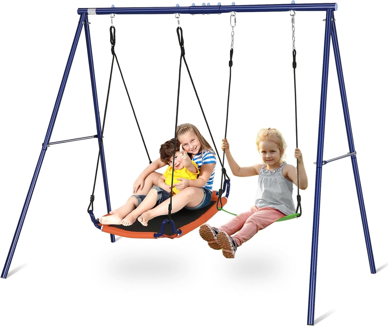 Blue Metal 2-in-1 Outdoor Swing Set with Saucer and Belt Swings