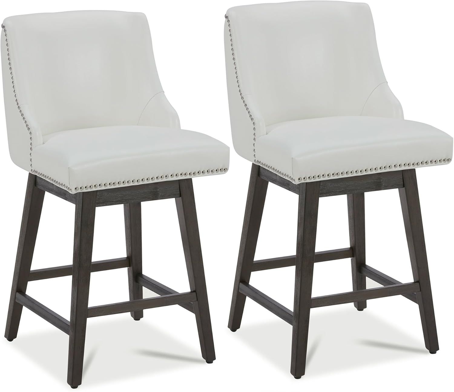 White Faux Leather Swivel Counter Stools with Espresso Wood Frame, Set of 2