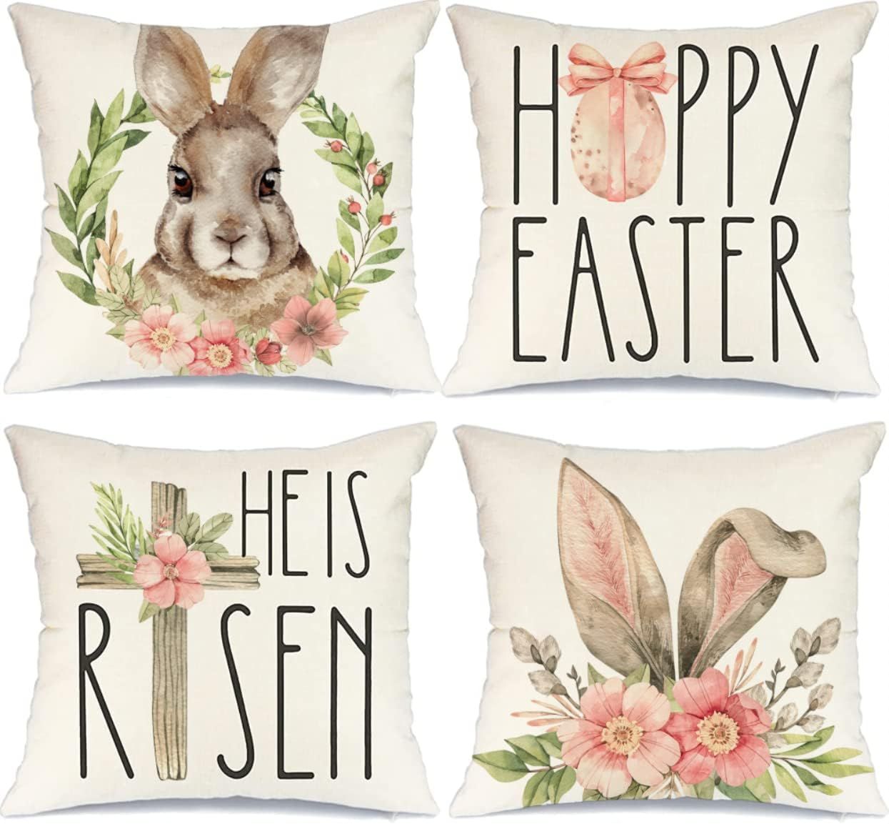 Easter Bunny and Floral Cotton Linen Pillow Covers Set