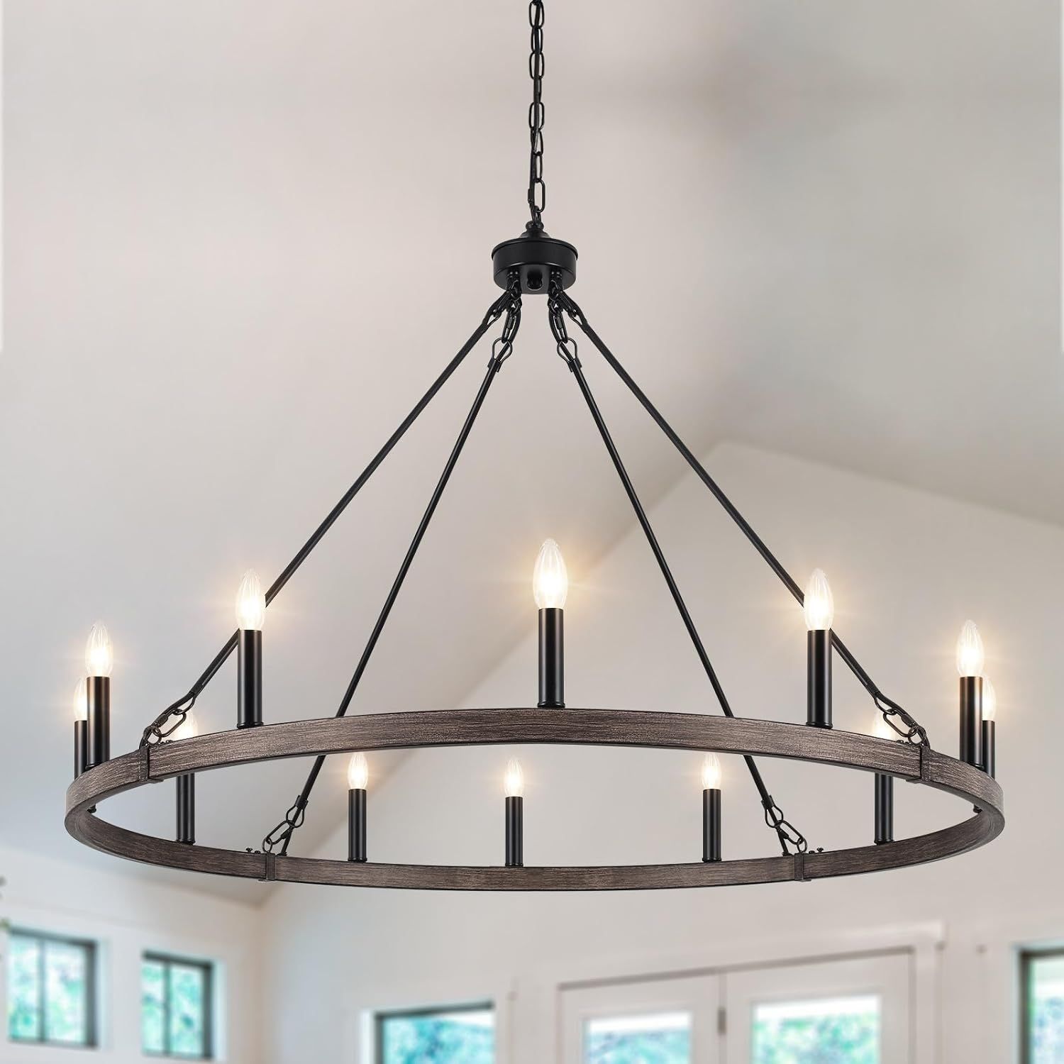 Black 38-Inch 12-Light Wagon Wheel Farmhouse Chandelier