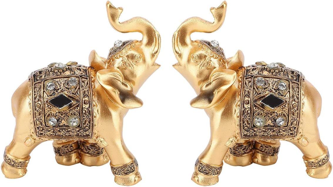 Golden Resin Feng Shui Elephant Statue Pair with Jewel Accents