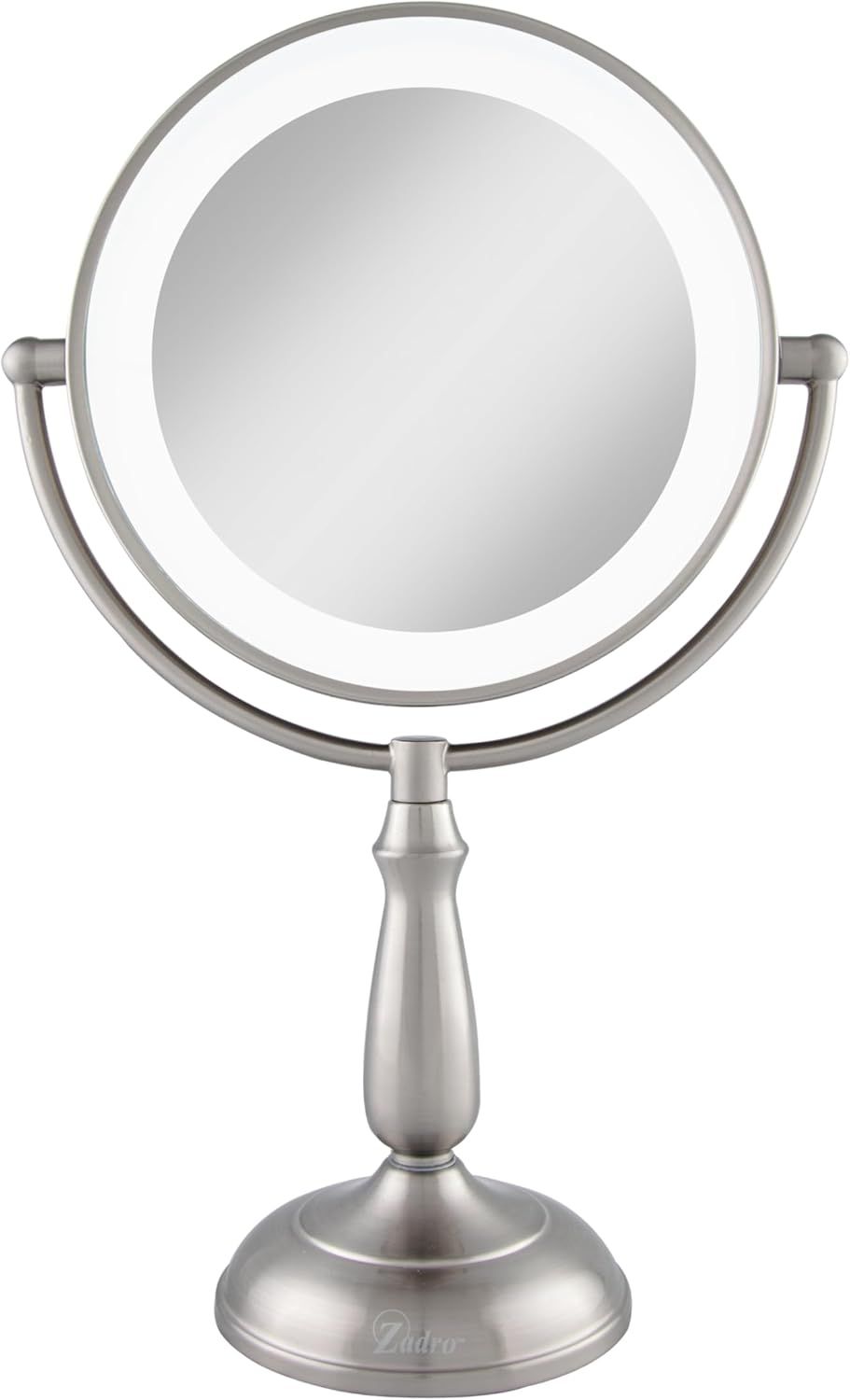 Satin Nickel Round LED Lighted Makeup Mirror with 5X/1X Magnification