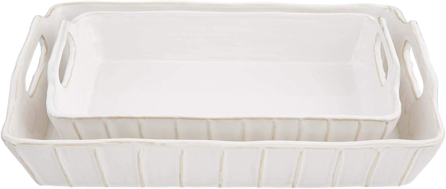 White Stoneware Ribbed Textured Nested Baking Dish Set