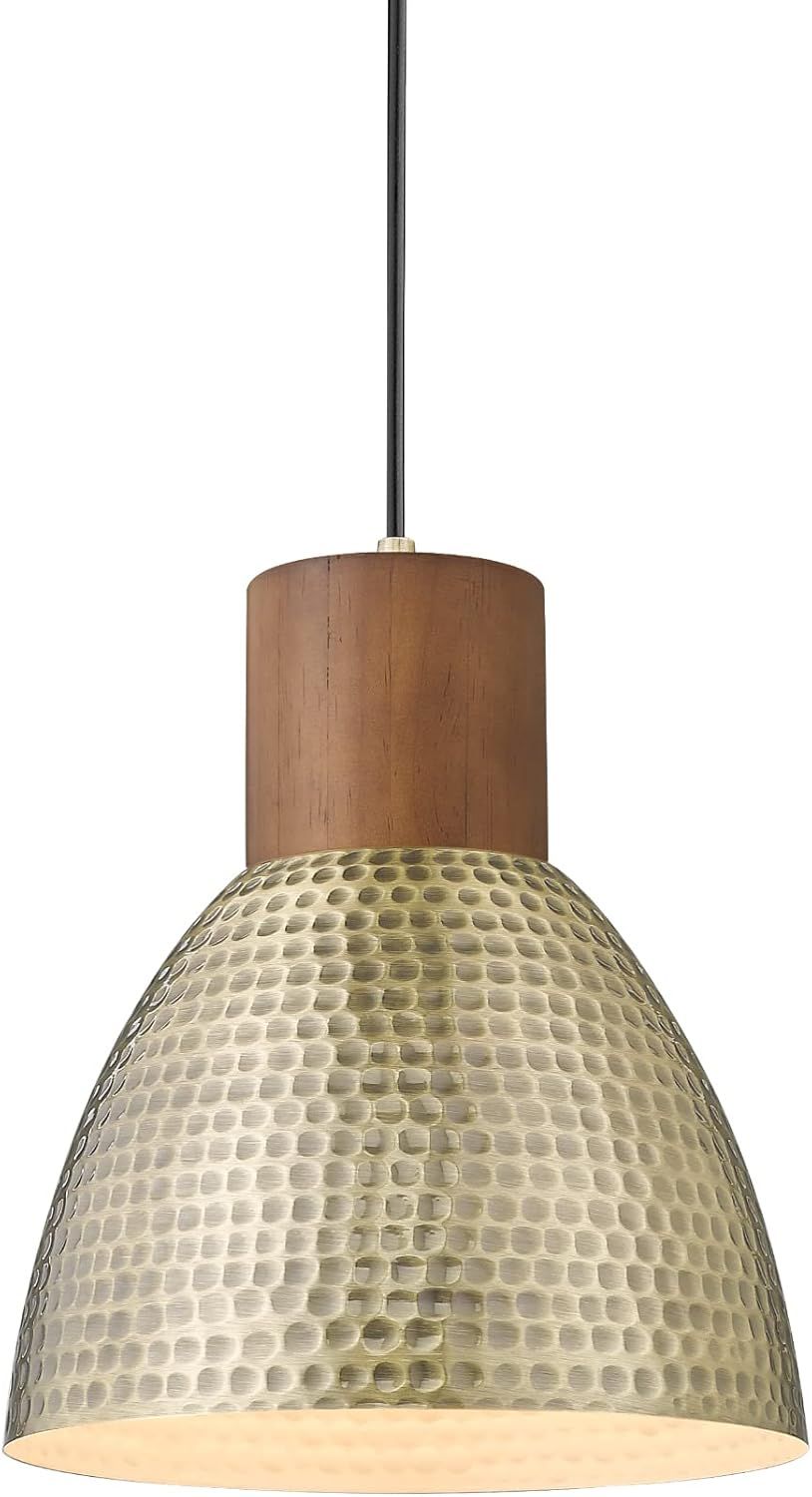 Vintage Brass and Wood Hammered Pendant Light