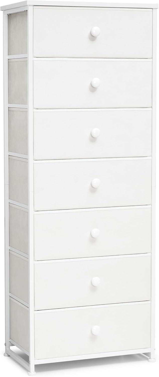 White Vertical 7-Drawer Storage Tower with Light Wood Accents