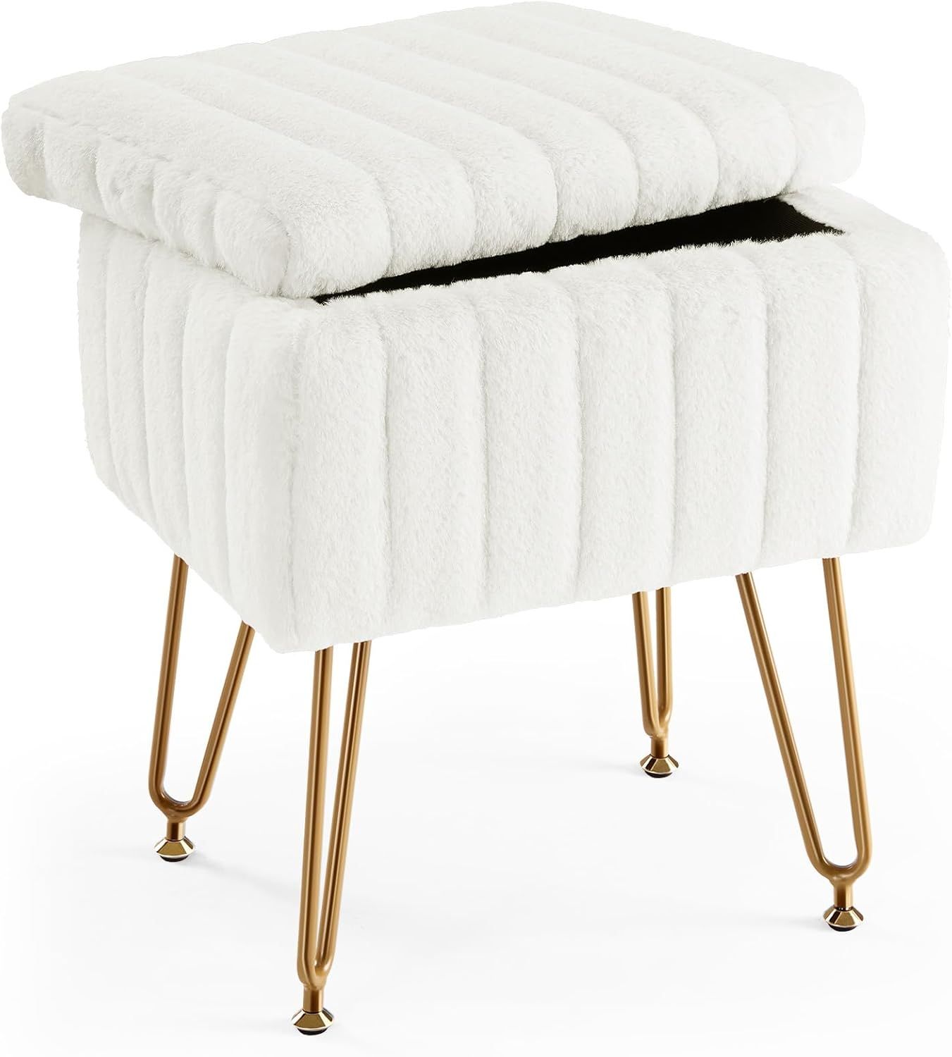 White Faux Fur Vanity Stool with Gold Metal Legs and Storage