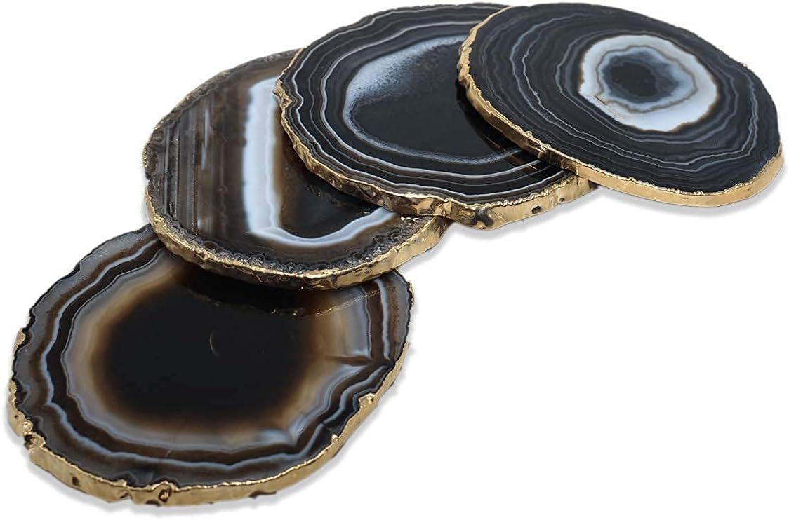 Black and Gold Rimmed Round Agate Stone Coasters Set