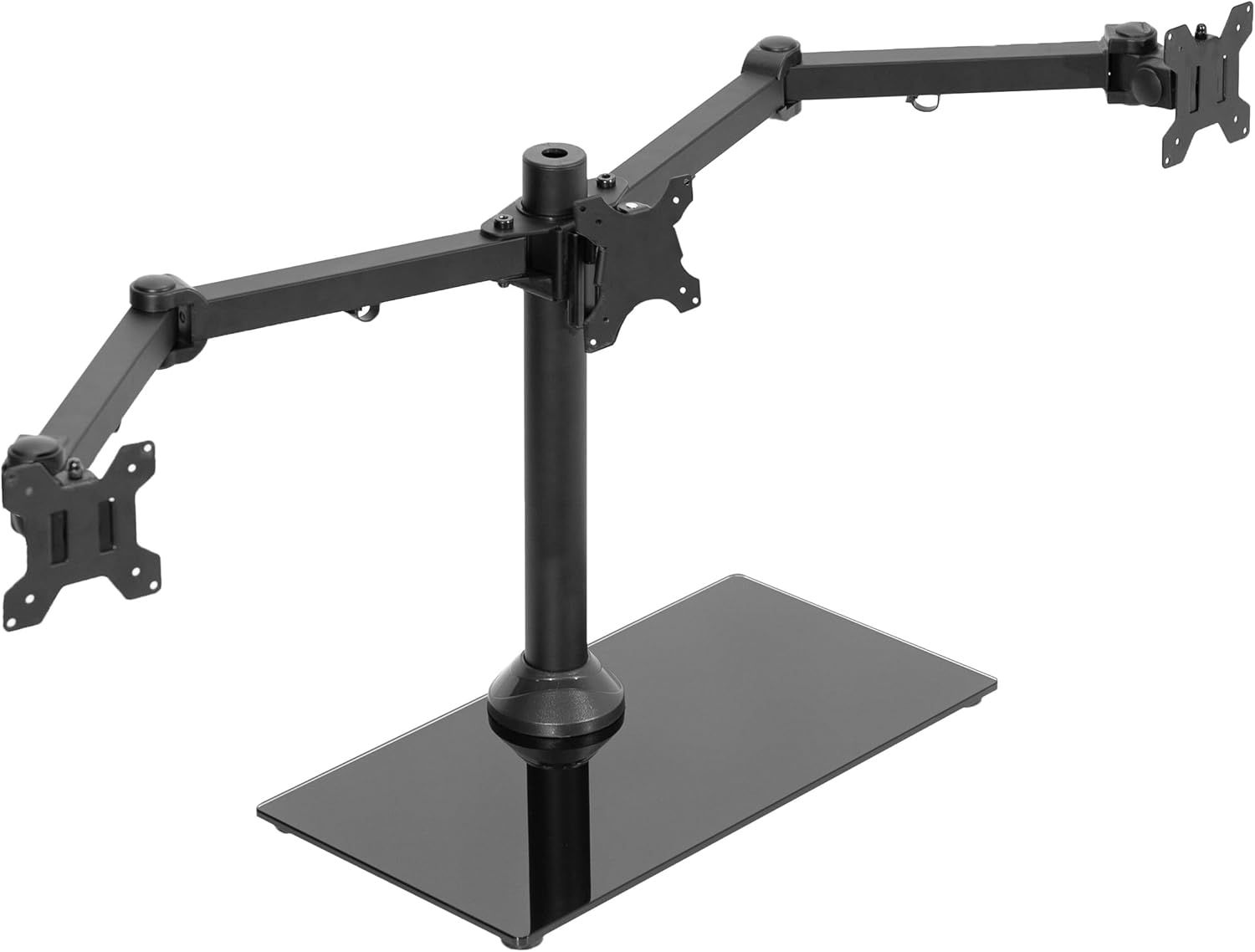 Black Triple Monitor Mount with Glass Base and Steel Arms