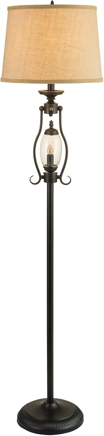 Black Metal and Glass Floor Lamp with Gold Burlap Shade