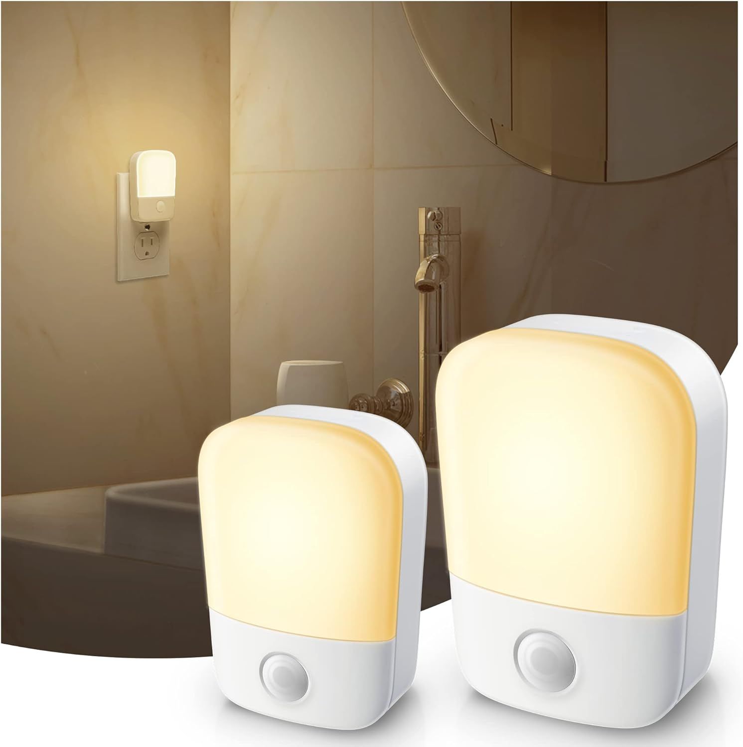 Warm White LED Night Lights with Dusk to Dawn Sensor, 2-Pack