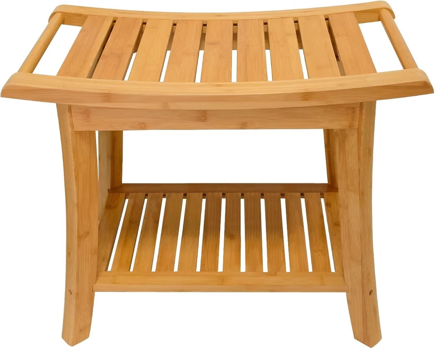 Beige Bamboo Shower Bench with Storage Shelf