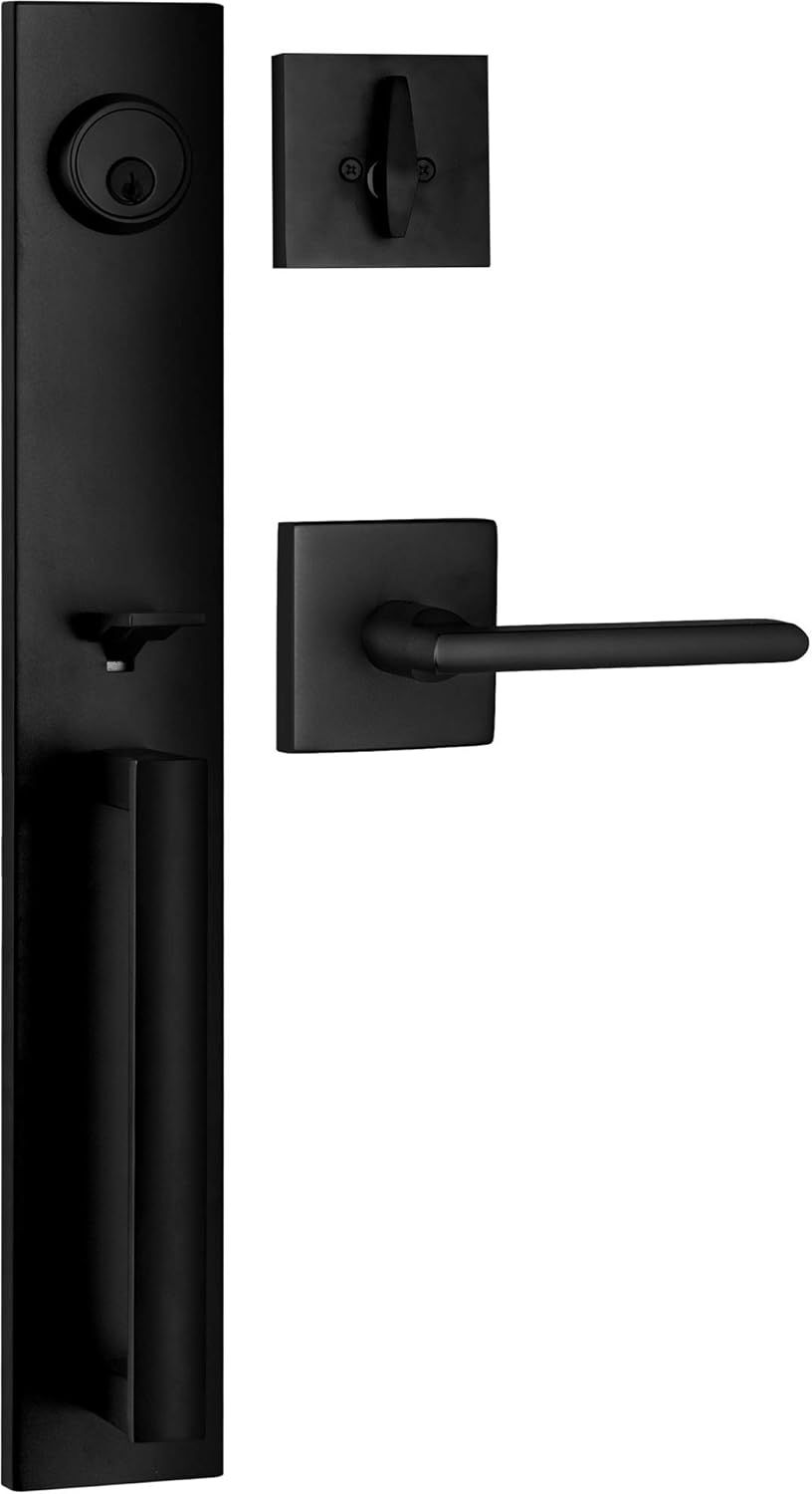 Iron Black Slim Square Front Door Handle and Deadbolt Set