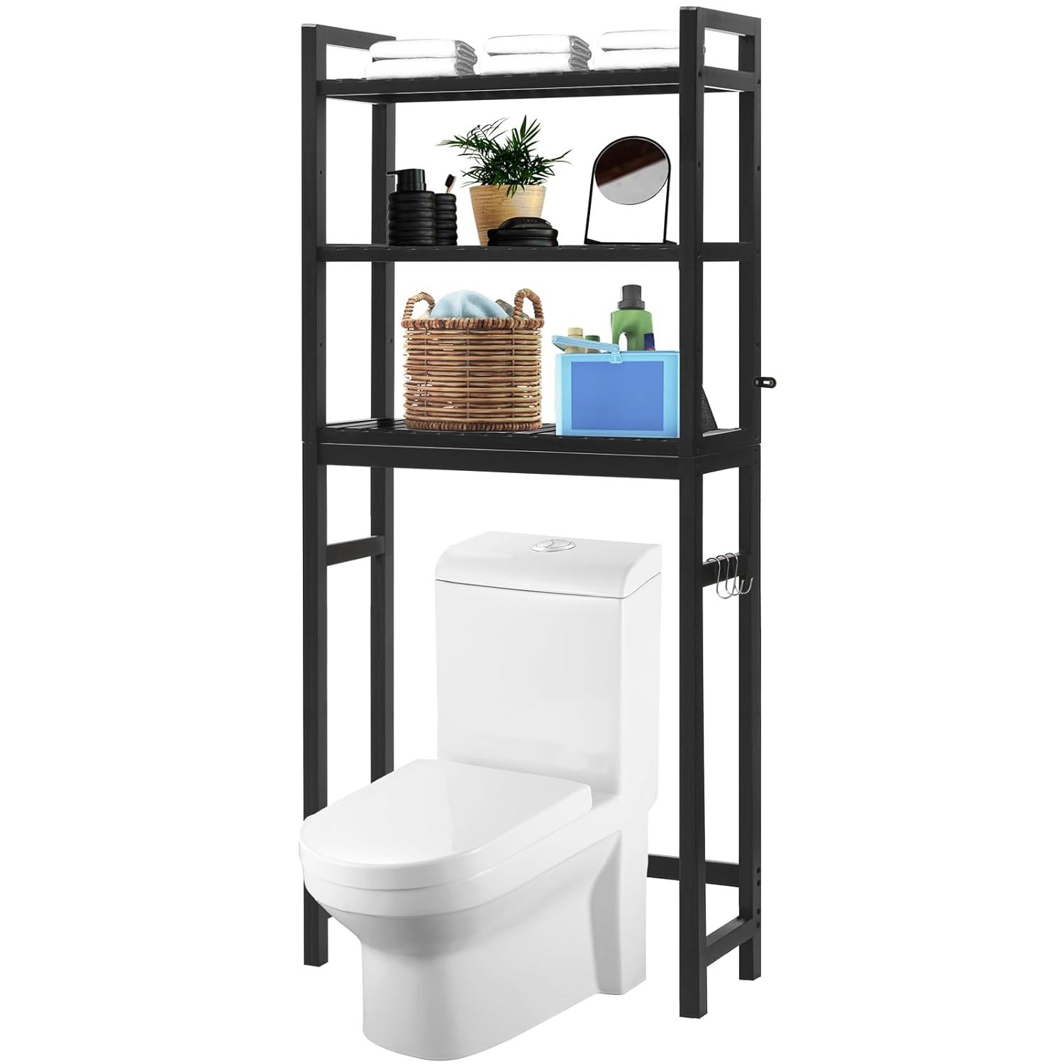 Black Bamboo Adjustable Over-the-Toilet Storage Cabinet with Hooks