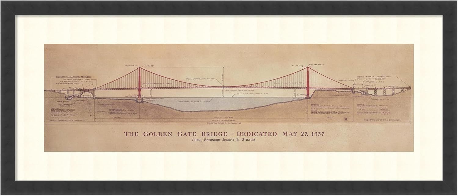 Golden Gate Bridge Architectural Drawing Framed Print, 40 x 17 Inch