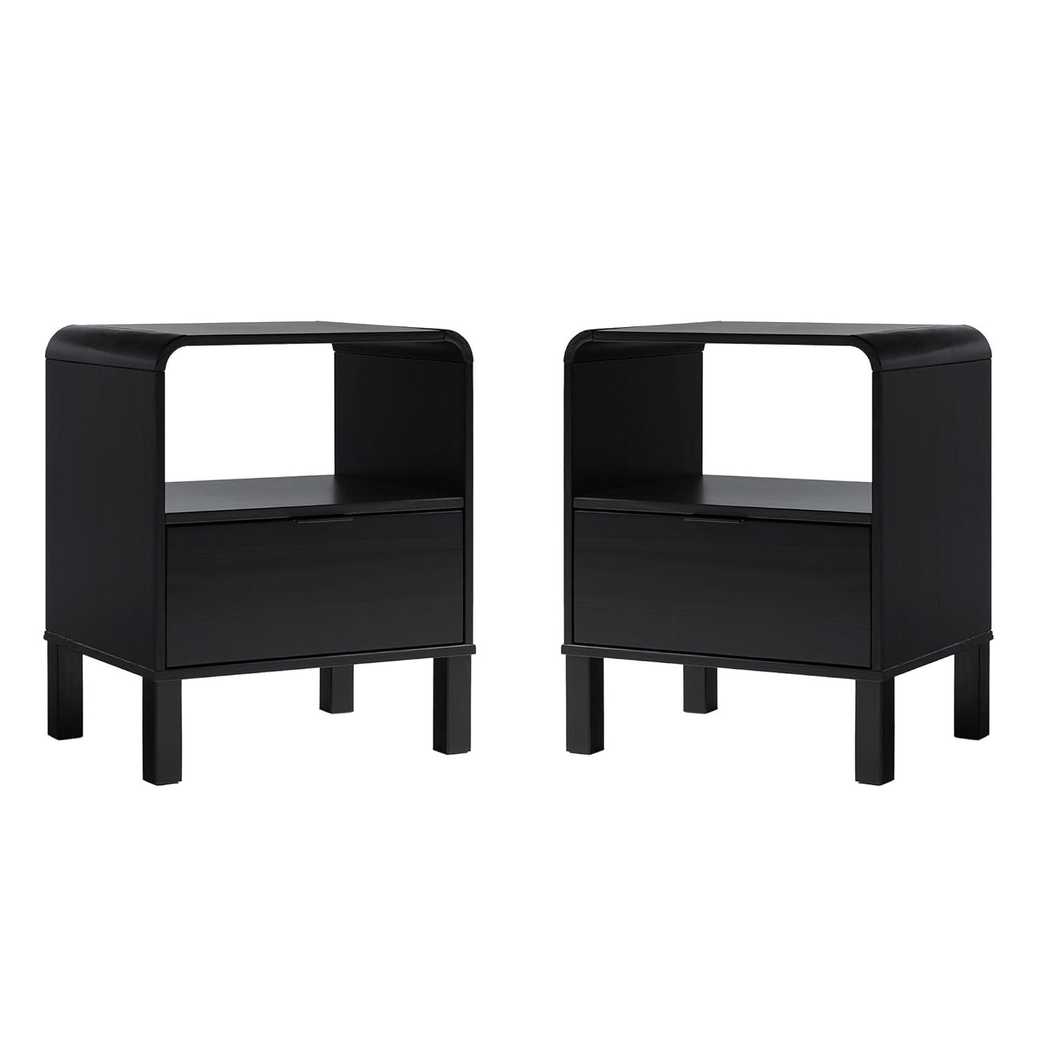 Black Solid Pine Wood Modern Nightstand Set with Drawer, 2-Pack
