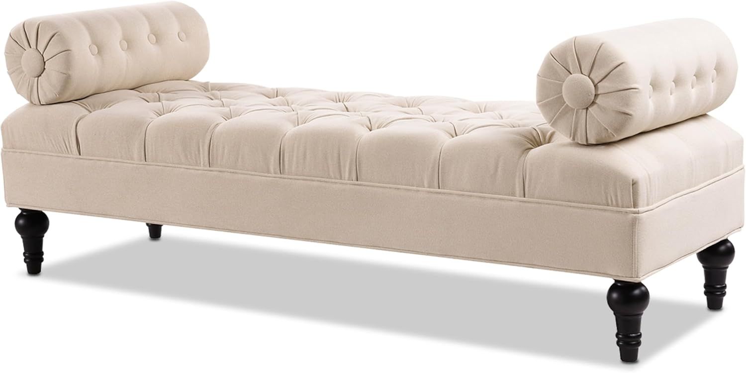 Lewis Glam Traditional Sky Neutral Tufted Bench with Bolster Pillows