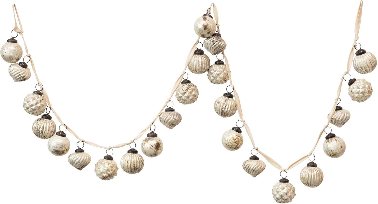 Matte White Mercury Glass Ornament Garland with Ribbon