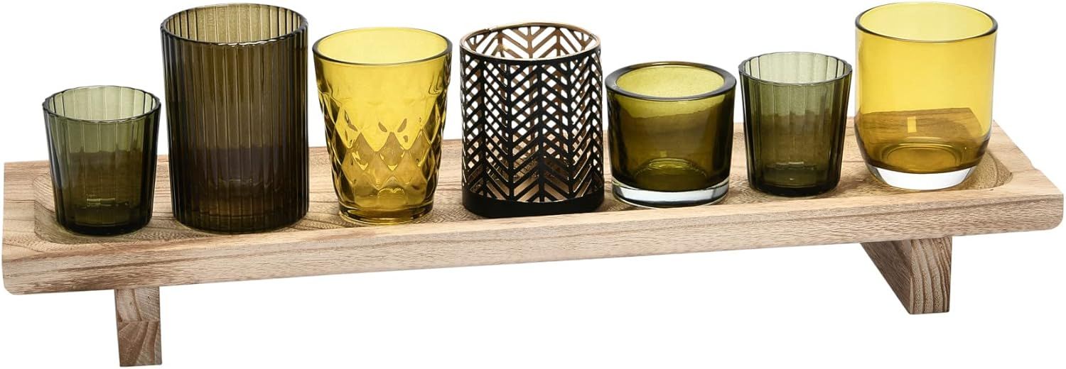 Paulownia Wood Tray with Glass & Metal Votive Holders Set, Green