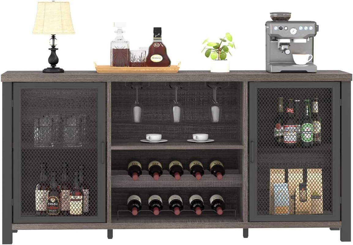 Industrial Dark Gray Oak Bar Cabinet with Mesh Doors and Storage Rack