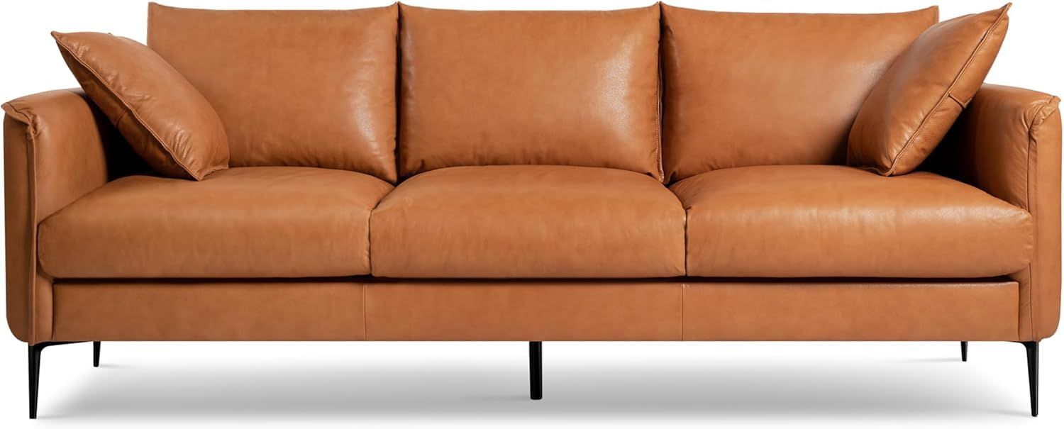 Valencia 85" Cognac Brown Leather Sofa with Removable Cushions