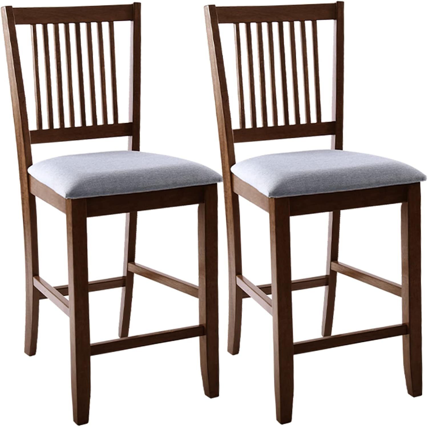 Rustic Walnut Wood Slat-Back Upholstered Counter Stools, Set of 2