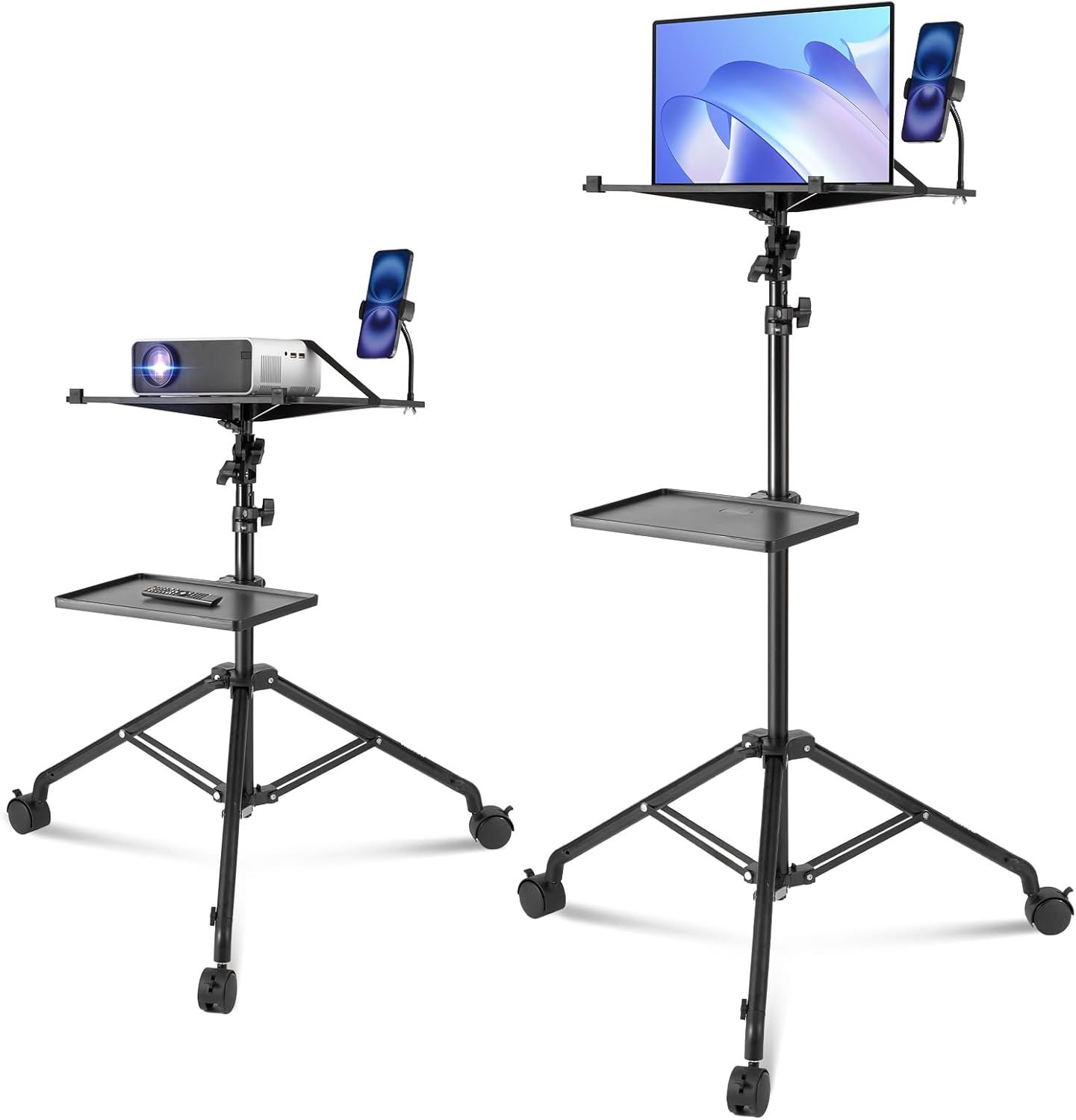 Adjustable Black Metal Projector and Laptop Stand with Wheels