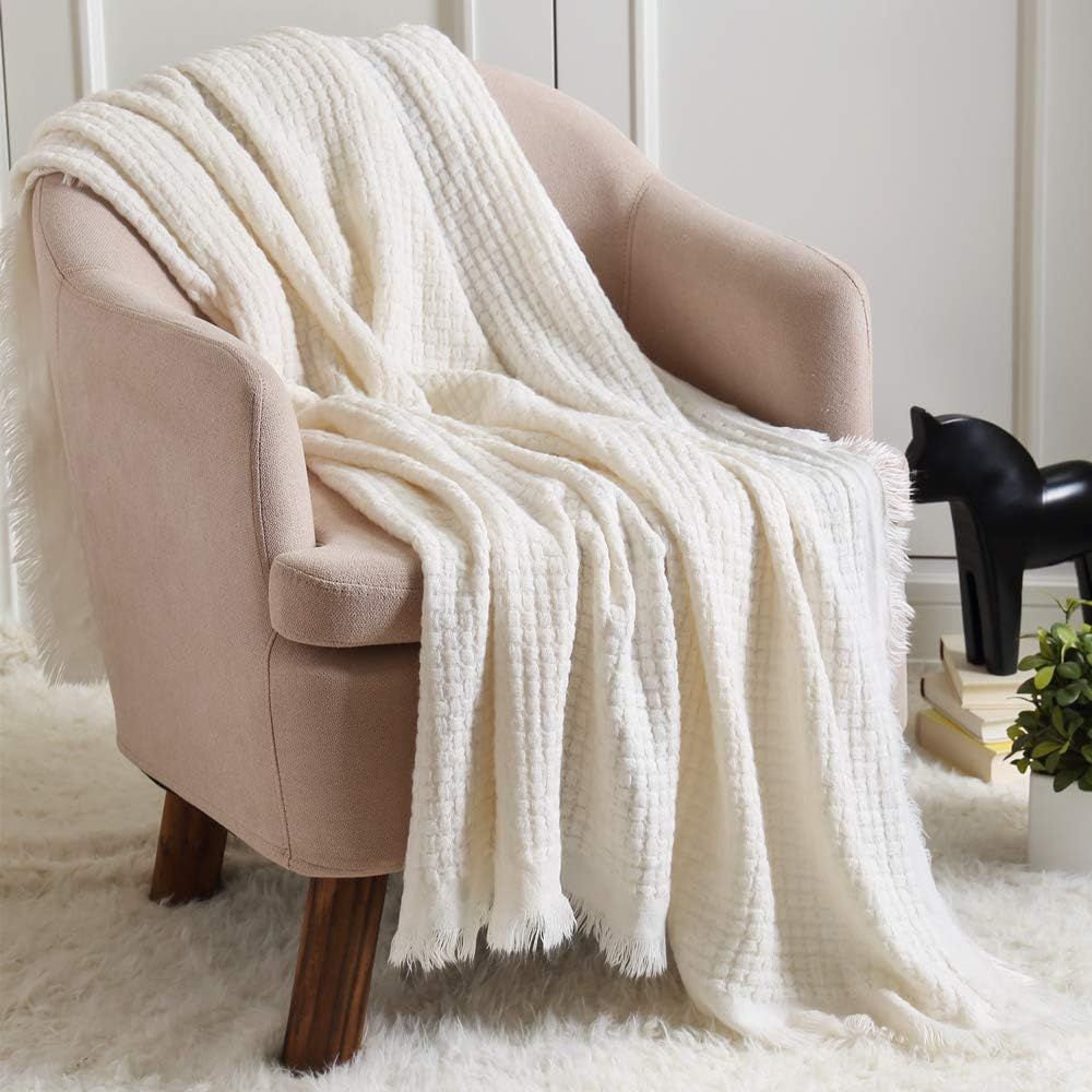 Off-White Crocheted Reversible Throw Blanket with Tassels