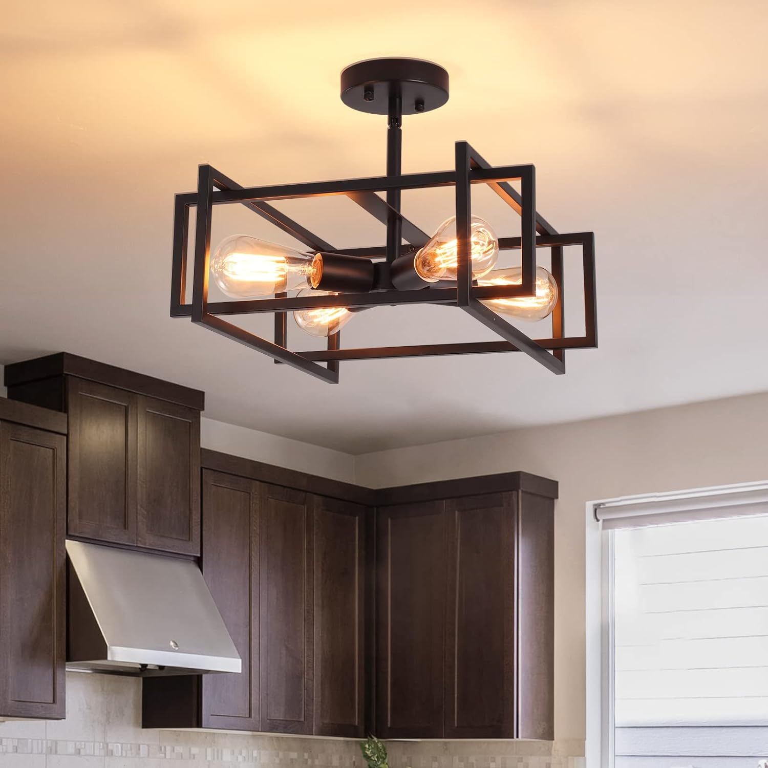 Black Metal 4-Light Farmhouse Square Chandelier