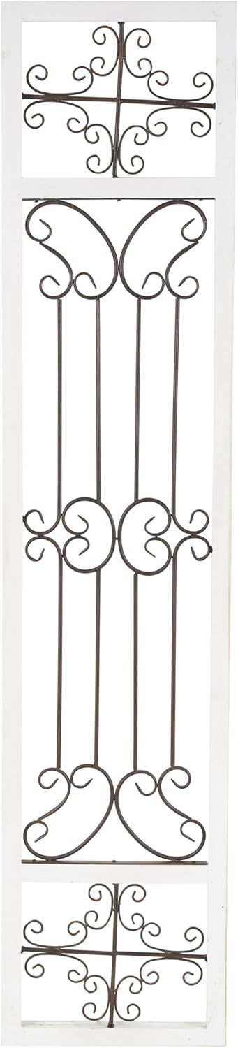 Cream Distressed Ornamental Panel Scroll Wall Sculpture with Bronze Metal Wire