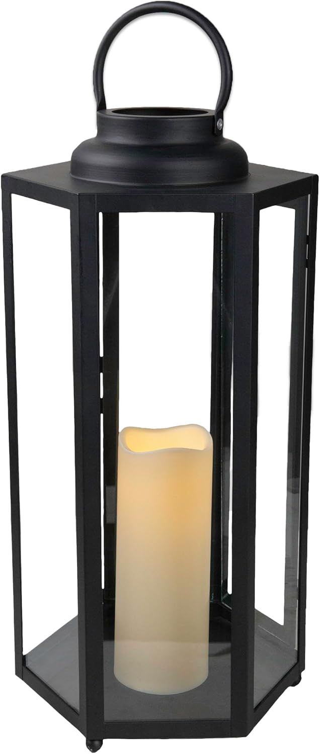 Black 18" Hanging Iron Candle Lantern with LED Lights