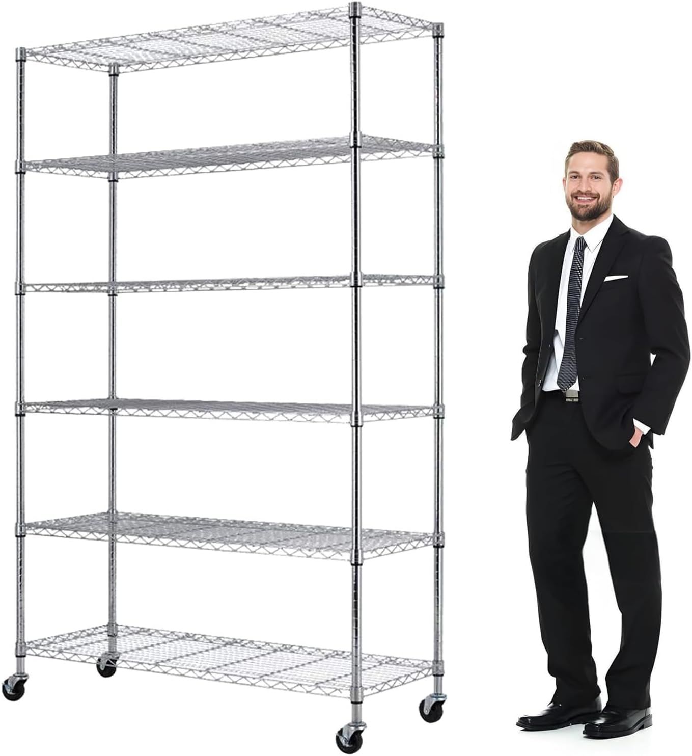 Chrome Heavy Duty Adjustable 6-Tier Metal Storage Rack with Wheels